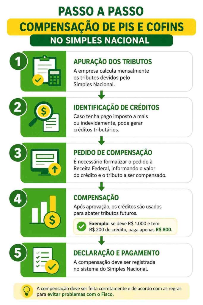 Infográfico com etapas da compensação de PIS e COFINS no Simples Nacional.