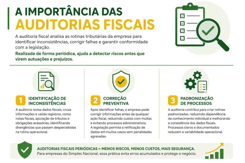 Infogr&aacute;fico sobre auditoria fiscal, destacando identifica&ccedil;&atilde;o de inconsist&ecirc;ncias, corre&ccedil;&atilde;o preventiva e padroniza&ccedil;&atilde;o para reduzir riscos fiscais.