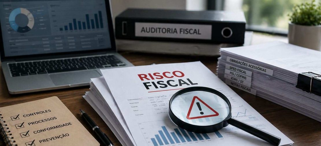 Mesa de escrit&oacute;rio com documentos fiscais e relat&oacute;rios, onde uma lupa destaca o termo &ldquo;risco fiscal&rdquo; com s&iacute;mbolo de alerta.