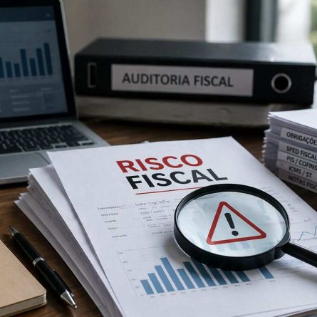 Mesa de escrit&oacute;rio com documentos fiscais e relat&oacute;rios, onde uma lupa destaca o termo &ldquo;risco fiscal&rdquo; com s&iacute;mbolo de alerta.