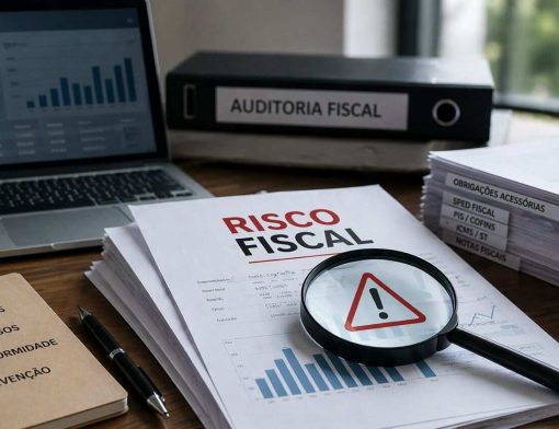 Mesa de escritório com documentos fiscais e relatórios, onde uma lupa destaca o termo “risco fiscal” com símbolo de alerta.