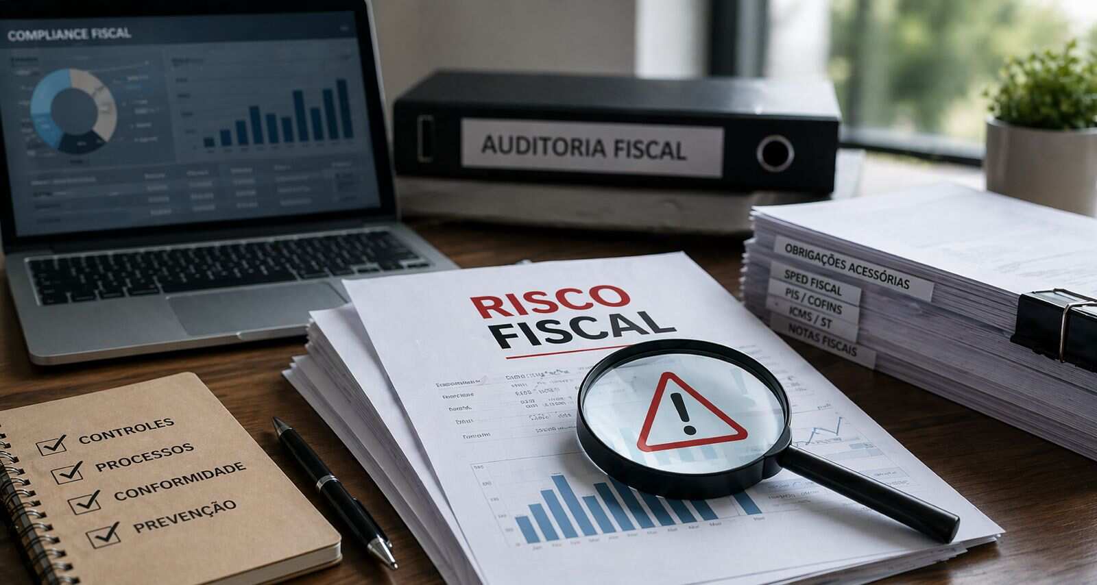 Mesa de escritório com documentos fiscais e relatórios, onde uma lupa destaca o termo “risco fiscal” com símbolo de alerta.