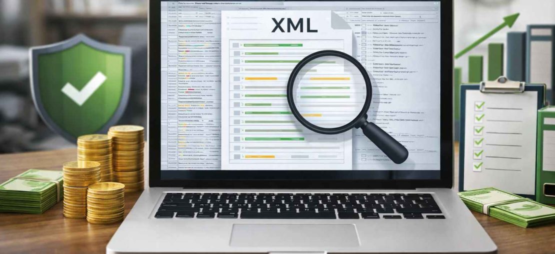 XML da nota fiscal sendo analisado em notebook com documento fiscal eletrônico aberto na tela.