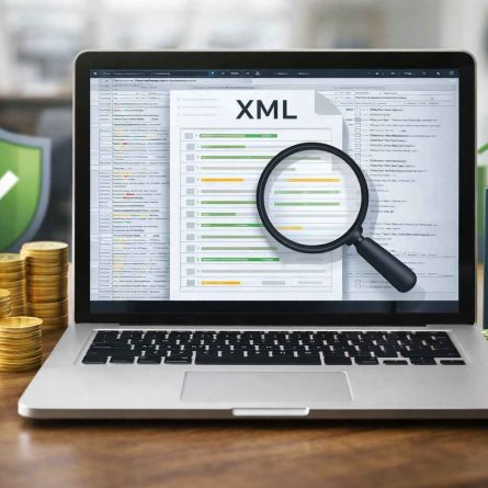 XML da nota fiscal sendo analisado em notebook com documento fiscal eletrônico aberto na tela.