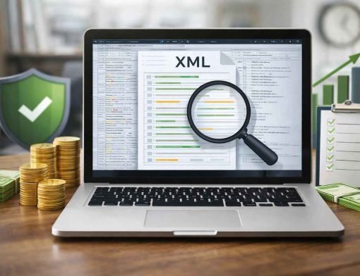 XML da nota fiscal sendo analisado em notebook com documento fiscal eletrônico aberto na tela.