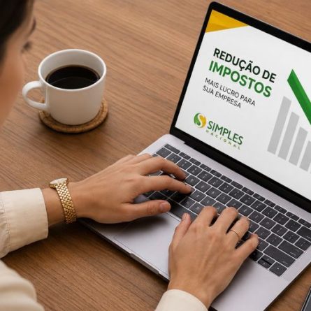 Mulher analisando redu&ccedil;&atilde;o de impostos no notebook, com tela sobre como pagar menos imposto no Simples Nacional.