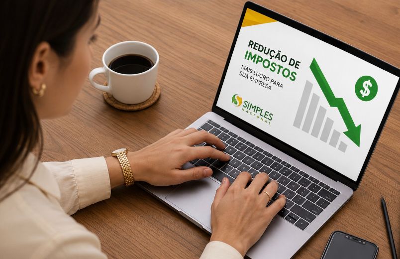 Mulher analisando redução de impostos no notebook, com tela sobre como pagar menos imposto no Simples Nacional.
