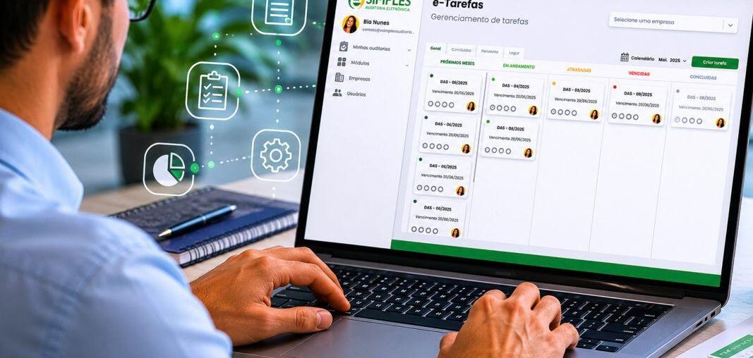Profissional cont&aacute;bil utilizando sistema de automa&ccedil;&atilde;o cont&aacute;bil para gest&atilde;o de tarefas no Simples Nacional.