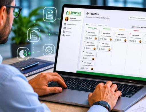 Profissional contábil utilizando sistema de automação contábil para gestão de tarefas no Simples Nacional.