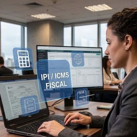 Profissional em escrit&oacute;rio analisando informa&ccedil;&otilde;es fiscais em um notebook, com destaque visual para IPI e ICMS na tela.