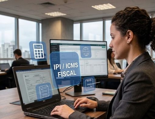 Profissional em escrit&oacute;rio analisando informa&ccedil;&otilde;es fiscais em um notebook, com destaque visual para IPI e ICMS na tela.