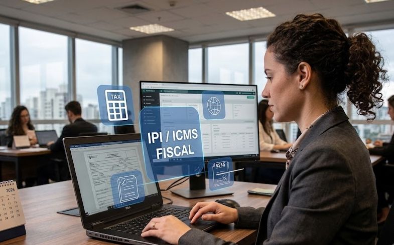Profissional em escrit&oacute;rio analisando informa&ccedil;&otilde;es fiscais em um notebook, com destaque visual para IPI e ICMS na tela.