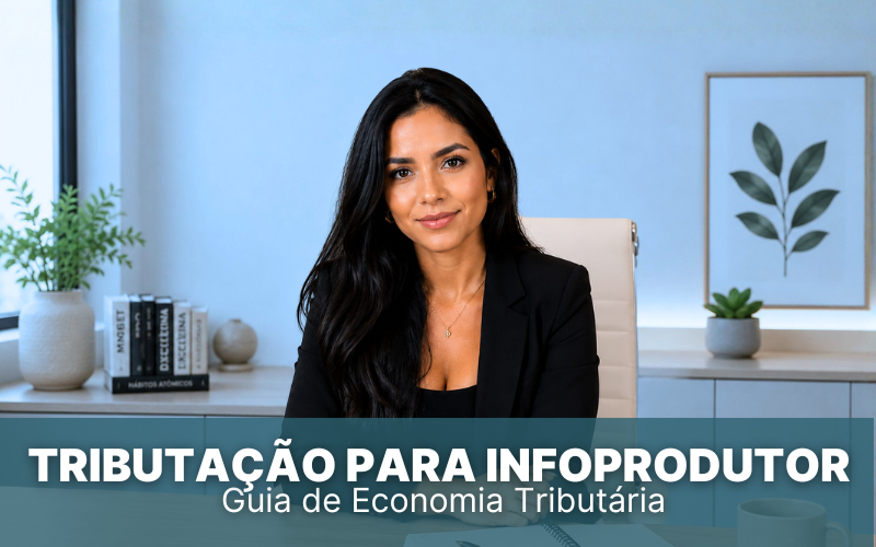mulher de cabelos escuros sorri, vestindo camisa escura, sentada em um escrit&oacute;rio moderno com ilumina&ccedil;&atilde;o suave. Na parte inferior da imagem aparece a frase &ldquo;Tributa&ccedil;&atilde;o para infoprodutor".