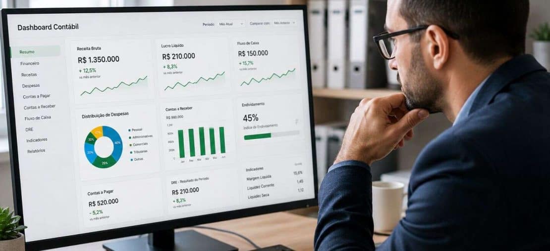 Profissional de contabilidade analisando um dashboard cont&aacute;bil.