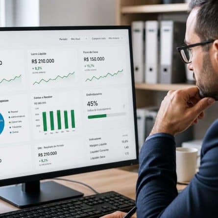 Profissional de contabilidade analisando um dashboard cont&aacute;bil.