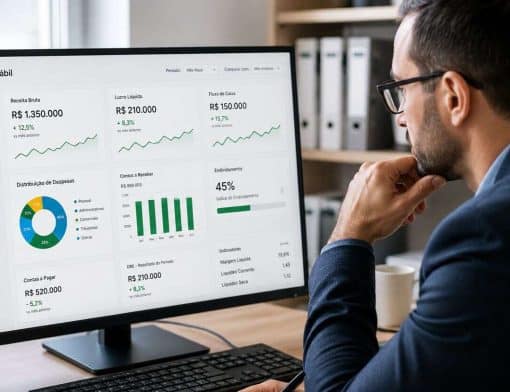 Profissional de contabilidade analisando um dashboard contábil.