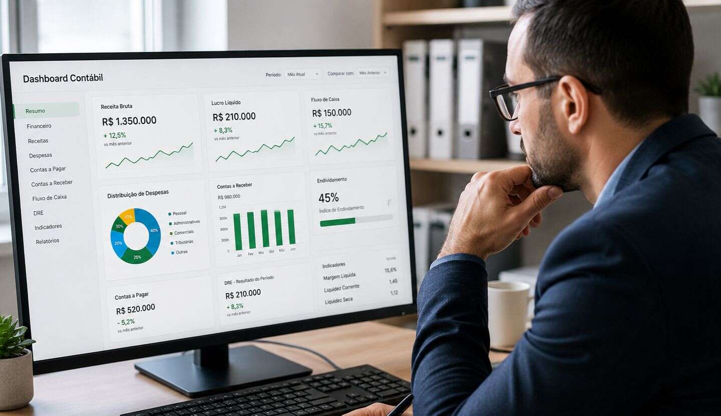 Profissional de contabilidade analisando um dashboard contábil.