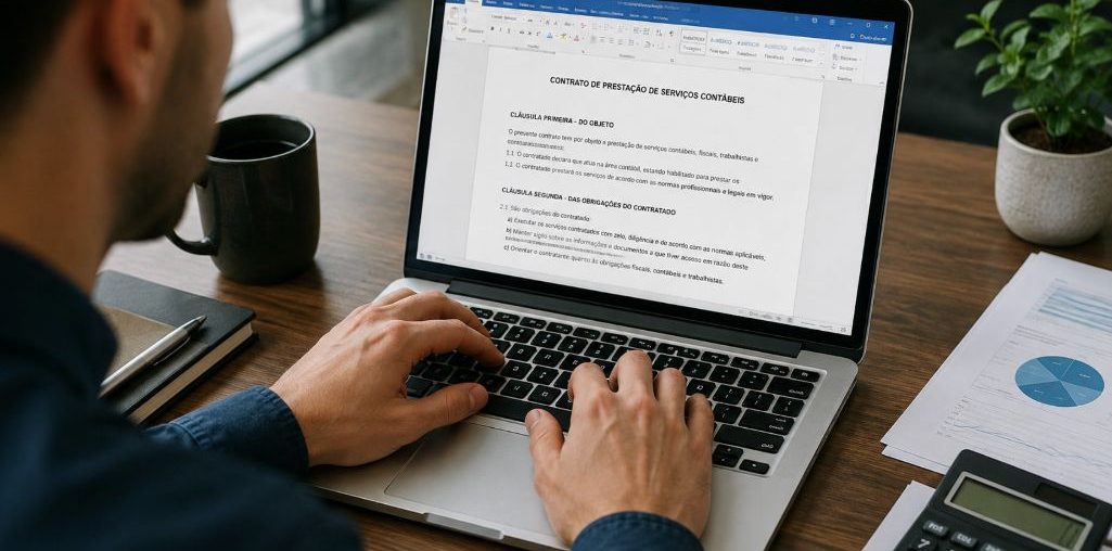 Profissional de contabilidade digitando um contrato contábil em um notebook.