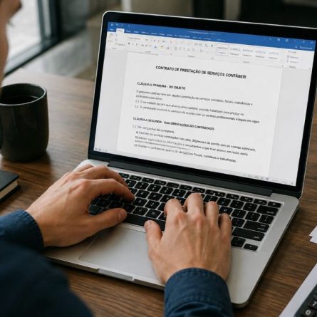 Profissional de contabilidade digitando um contrato contábil em um notebook.