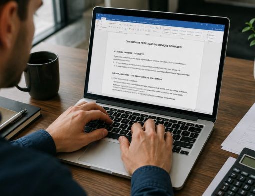Profissional de contabilidade digitando um contrato contábil em um notebook.