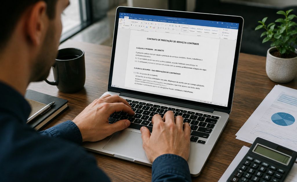 Profissional de contabilidade digitando um contrato contábil em um notebook.
