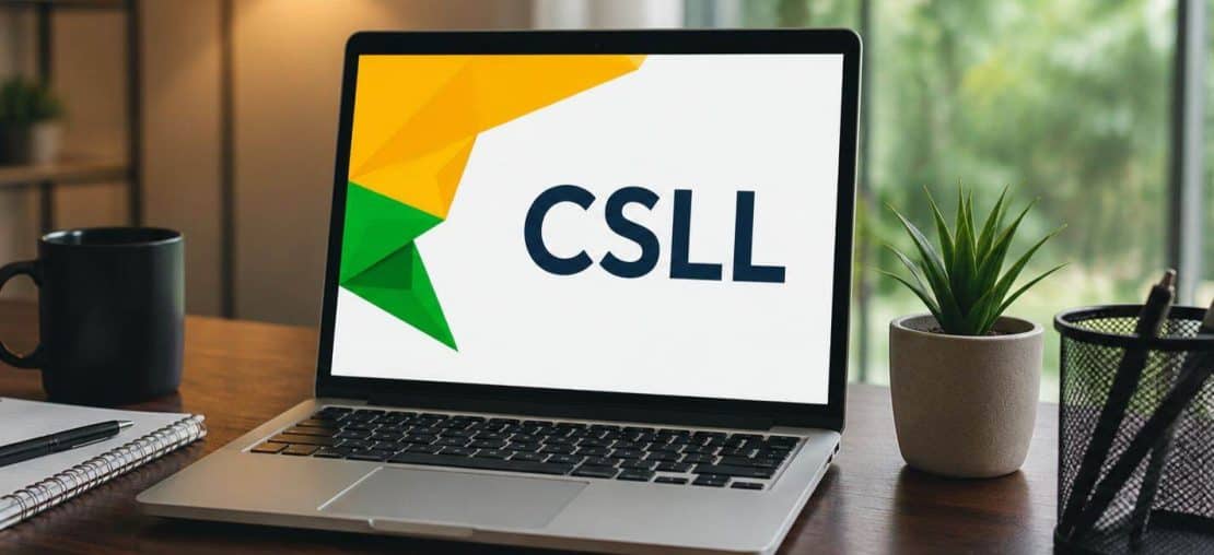 Laptop exibindo a sigla CSLL em ambiente de trabalho moderno, ilustrando a CSLL Simples Nacional.