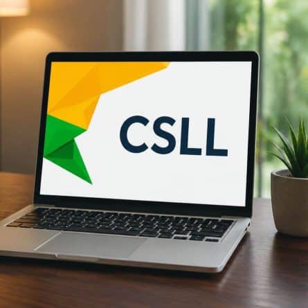 Laptop exibindo a sigla CSLL em ambiente de trabalho moderno, ilustrando a CSLL Simples Nacional.