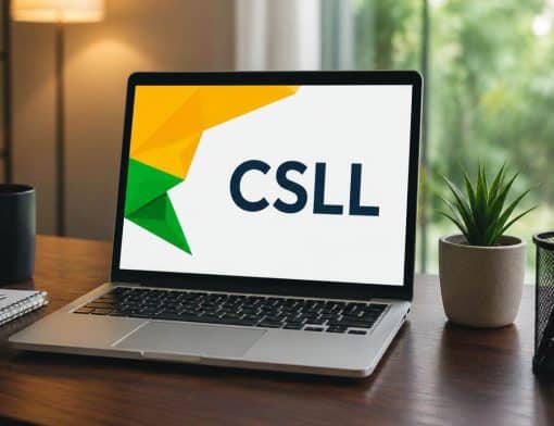 Laptop exibindo a sigla CSLL em ambiente de trabalho moderno, ilustrando a CSLL Simples Nacional.