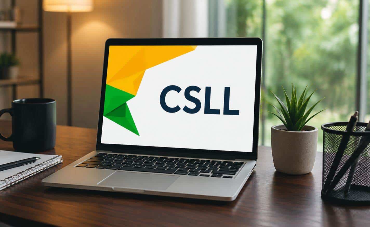 Laptop exibindo a sigla CSLL em ambiente de trabalho moderno, ilustrando a CSLL Simples Nacional.