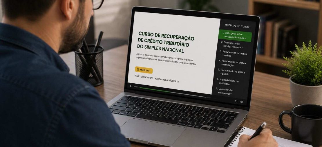 Profissional realizando cursos para contadores em recuperação tributária no notebook.
