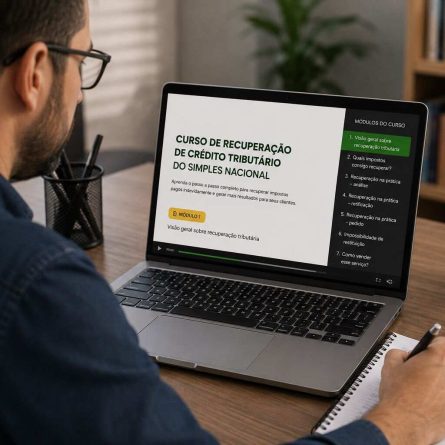 Profissional realizando cursos para contadores em recuperação tributária no notebook.