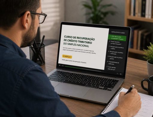 Profissional realizando cursos para contadores em recuperação tributária no notebook.