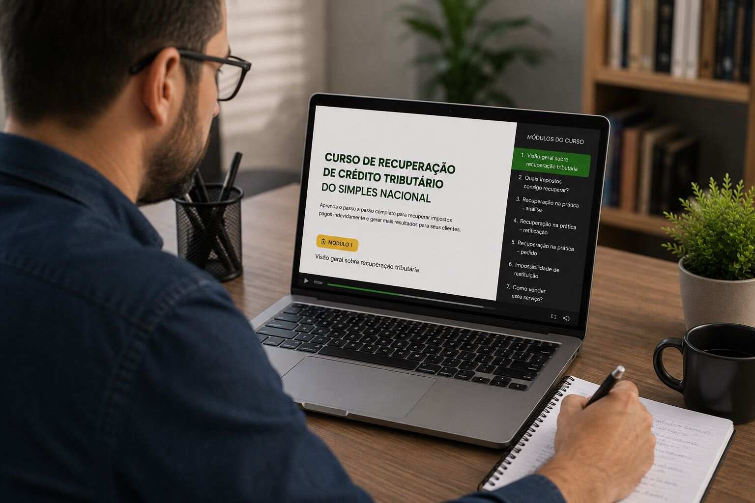 Profissional realizando cursos para contadores em recuperação tributária no notebook.