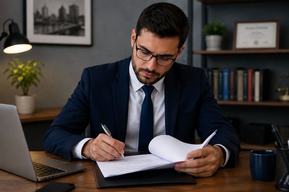 Profissional revisando e assinando um contrato contábil no escritório.